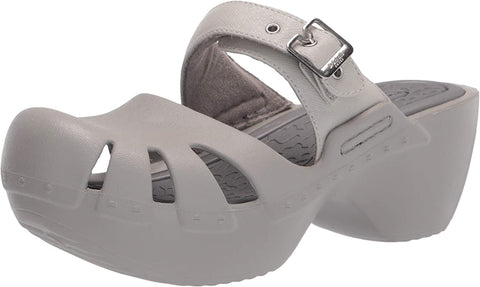 Dr. Scholl's Dance On Silver Slip On Buckle Strap Block Heel Rounded Toe Clogs
