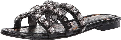 Sam Edelman Bay Black Jewel Croco Round Toe Slip On Leather Flats Slides Sandals