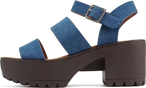 Soda Account Denim Blue Ankle Strap Round Open Toe Strappy Block Heeled Sandals