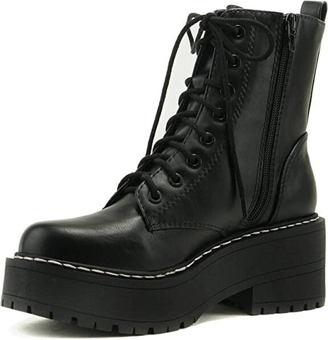 Soda Fling Black Pu Lace Up Chunky Lug Sole Rounded Toe Wide Combat Ankle Boots