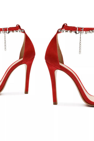 Schutz Lah Club Red Ankle Strap Embellished Open Toe Stiletto Heeled Sandals