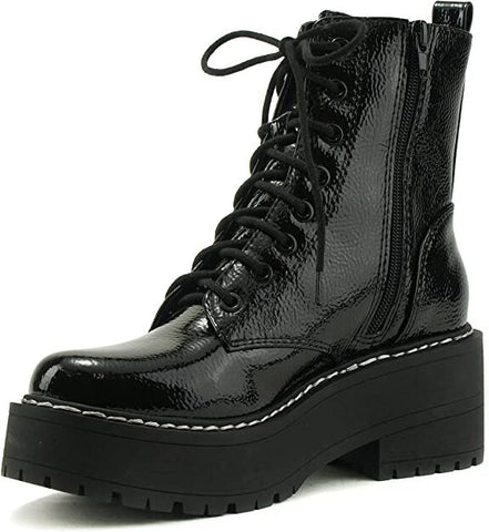Soda Fling Black Patent Lace Up Chunky Lug Sole Round Toe Wide Combat Ankle Boot