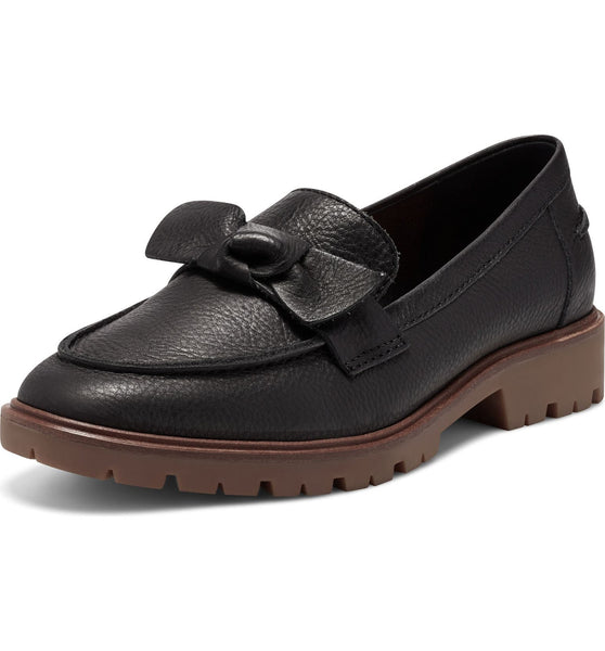 Lucky Brand Tamio Black Leather Moccasin Flat Knot Bow Detail Lug Sole Loafers