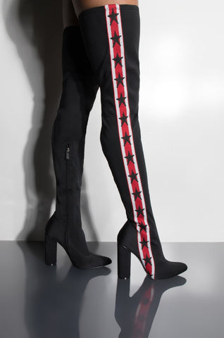 Cape Robbin Outko Black Multi Star Pointed Toe Stretch Fitted Thigh High Boots