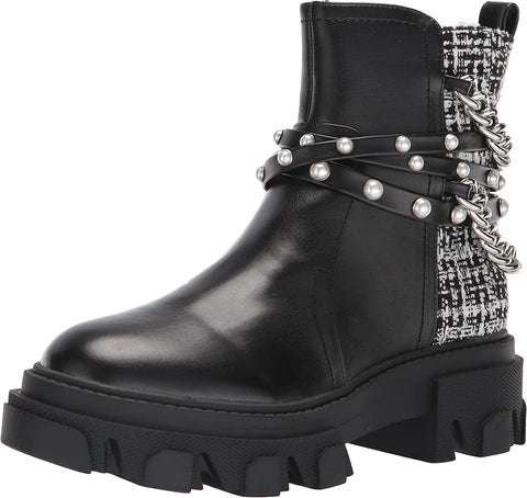 Nine West Cearlz3 Black Multi Zip Closure Chain Detailed Leather Ankle Boots