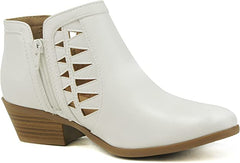 Soda Chance Off White Perforated Cut Out Stacked Block Heel Ankle Booties
