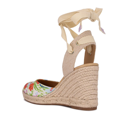 Nine West Multi Floral Tie Up Ankle Wrap Rounded Espadrille Wedge Heeled Sandals