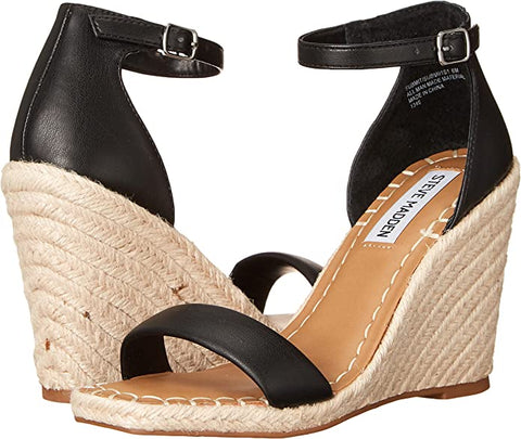 Steve Madden Submit Black Square Open Toe Fashion Buckle Closure Wedge Sandals