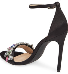 Lauren Lorraine Irma Black Satin Crystal Rhinestone High Heel Open Sandals