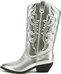 Soda Reno Silver Metallic Pu Western Cowboy Stitched Pointed Toe Fashion Boots