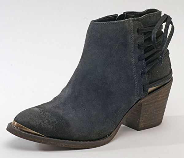 Klub Nico Berta Ink Black Corset Back Weathered Suede Edgy Stacked Heel Bootie