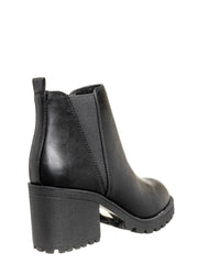 Soda Origami Black Pu Block Heel Pull On Rounded Toe Combat Ankle Boots