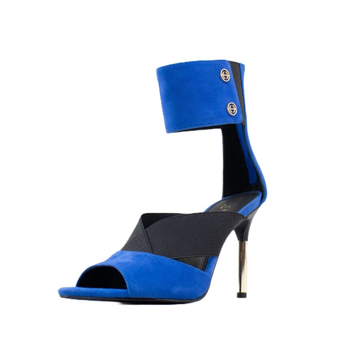 Cecelia New York Mirror Royal Blue Pump Gold Stiletto Heel Stretch Strap Sandals