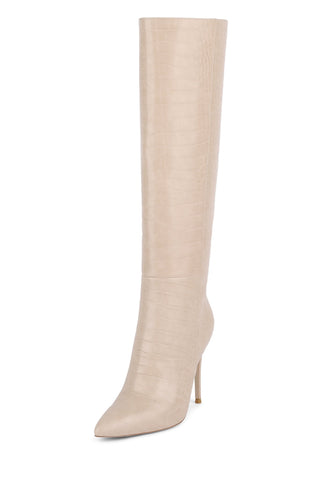 Jeffrey Campbell ARSEN-HI Stiletto Knee High Boot Taupe Croco Nude Dress Boots