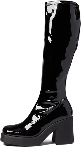 Steve Madden Klarisa Black Patent Squared Toe Block Heel Knee High Fashion Boots