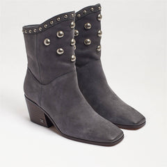 Sam Edelman Brie Grey Leather Block Heeled Almond Toe Pull On Ankle Booties