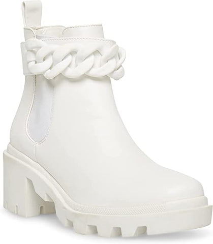 Steve Madden Amulet Embellished Lug Sole Combat Ankle Booties White Chain