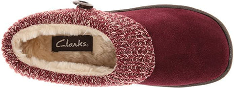 Clarks Angelina Burgundy Knitted Slip On Rounded Toe Furry Collar Spring Clog Mules
