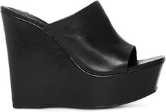 Steve Madden Barona Black Leather Slip On Open Squared Toe Wedges Heeled Sandals