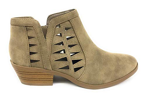 Soda Chance Taupe Dispu Perforated Cut Out Stacked Block Heel Ankle Booties