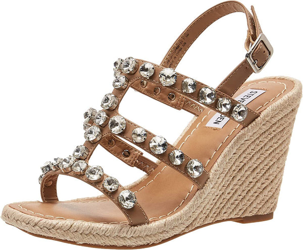 Steve Madden Upright-R Tan Espadrille Pearl Embellished Strap Wedge Sandals 8