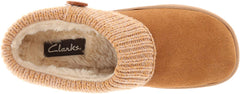 Clarks Womens Slipper Suede Leather Knitted Collar Clog Slippers - Plush Faux Fur Lining