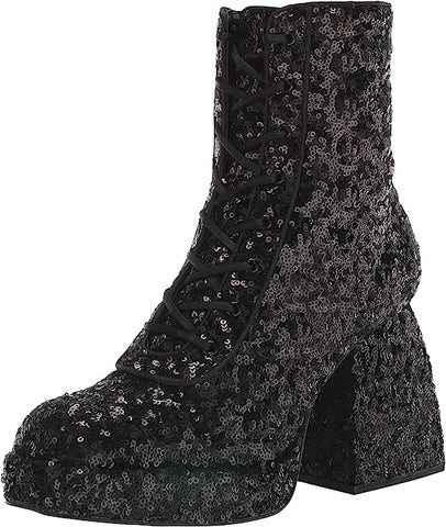Circus By Sam Edelman Kia Sequin Black Lace Up Side Zip Block Heel Ankle Boots