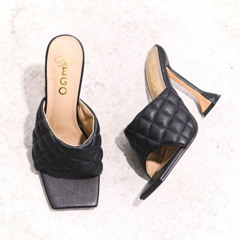 LuxeModa Butter Black Quilted Square Peep Toe Pyramid Heeled Dress Mules Pumps