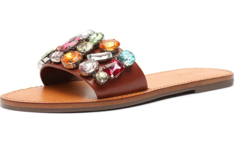 Schutz Jolie Cooper Gemstone Embellished Upper Slip On Open Toe Flats Sandals