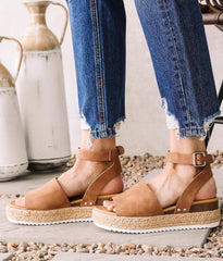 Soda Topic Open Toe Buckle Ankle Strap Espadrilles Flatform Wedge Casual Sandal (6.5, Tan)