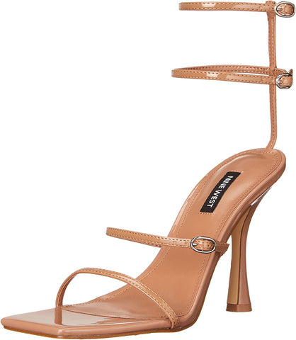 Nine West Aves3 Natural Clay Square Open Toe Ankle Strap Cylindrical Heel Sandal