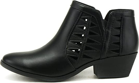 Soda Chance Black Pu Perforated Cut Out Stacked Block Heel Ankle Booties