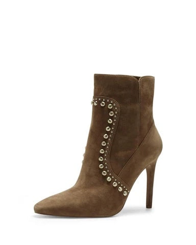 Vince Camuto Fendeya Sandy Brown Suede Pointed Toe Embellished Fashion Booties
