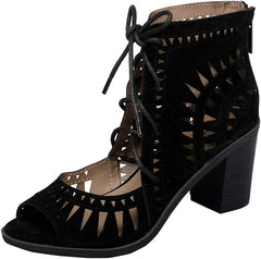 Breckelles Gabby Black Lasercut Stacked Chunky Stacked Block Heeled Peep Toe Sandals