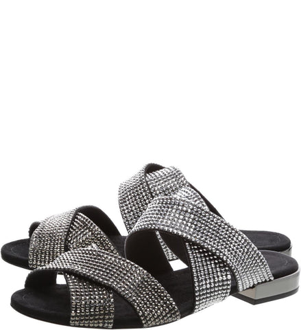 Schutz Black Kayl Sandals Women Crystal Embellished Cross Strapped Slide Sandals