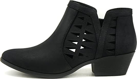 Soda Chance Black Nbpu Perforated Cut Out Stacked Block Heel Ankle Booties