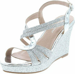 Forever Happy-09 Silver Glitter Strappy Wrapped Wedge Heel Platform Sandals