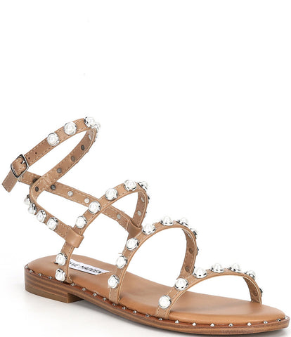 Steve Madden Travel Tan Pearl Leather Pyramid Studded Ankle Strap Flat Sandals
