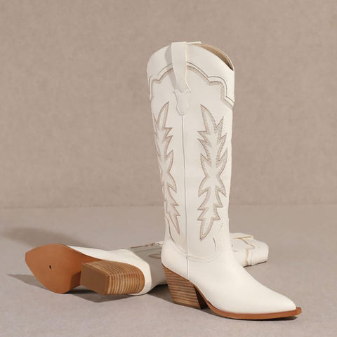 Erocalli Cowboy White Knee High Block Heel Pointed Toes Side Zipper Western Boots 7