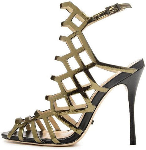 Schutz Juliana Bronze & Black Sole Single Sole Stiletto Heel Caged Sandals