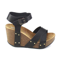 Refresh Mara-05 Black Fashion Ankle Strap Criss Cross Platform Wedge Sandals