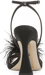 Sam Edelman Leon Black Satin Feather Pom Pom Detail Ankle Strap High Heel Sandal
