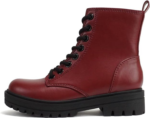 Soda Firm Burgundy Pu Lace Up Rounded Toe Chunky Platform Combat Ankle Boots