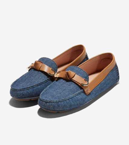 Cole Haan Evelyn Bow Driver Denim/Pecan Suede Slip On Rounded Toe Flats Loafers