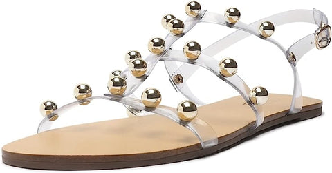 Schutz Yarin Clear Vinyl Metallic Studs Ankle Strap Open Toe Flat Sandals
