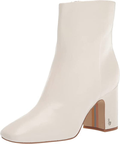 Sam Edelman Fawn White Block Heel Squared Toe Side Zipper Fashion Ankle Boots