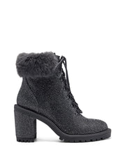 Jessica Simpson Deliah Pewter Rhinestone Fur Cuff Block Heel Combat Booties