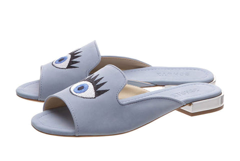 Schutz Daffy Jeans Slide Stitched Eye Design Metallic Low Heeled Sandals