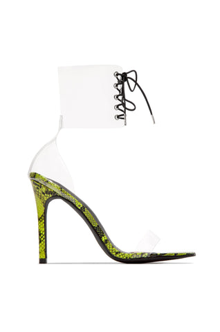 Cape Robbin Passion Neon Yellow Clear Lace Dainty High Heel Sandals Transparent