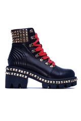 Cape Robbin Nia Platform Ankle Moto Combat Boots Black Red Lace Gold Stud